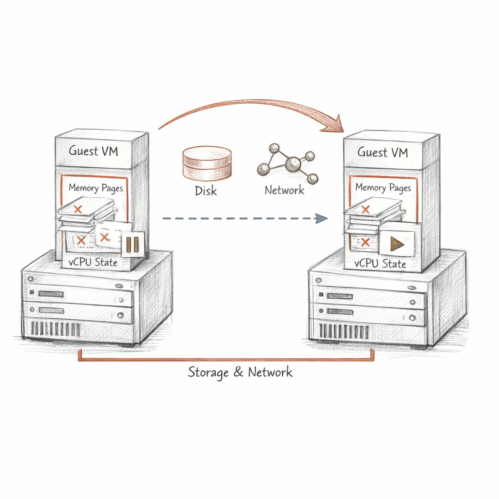 Xen live migration as a staged state-transfer diagram, guest memory pages copied and dirtied, vCPU state paused briefly, storage and network identity preserved across hosts, ixen-light technical artwork.
