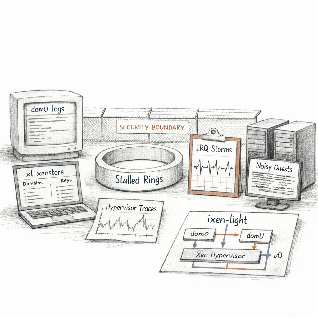Xen operational diagnostics shown as xl and xenstore views, dom0 logs, hypervisor traces, stalled rings, IRQ storms, noisy guests, and security boundaries under stress, crisp ixen-light systems diagram.