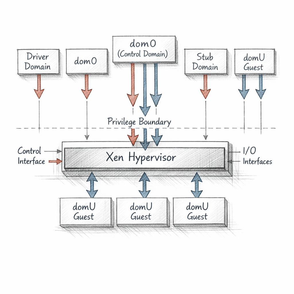 Xen domain architecture rendered as a precise white-paper systems diagram, hypervisor layer below dom0, driver domains, stub domains, and domU guests, privilege boundaries and control paths visible, ixen-light technical illustration.