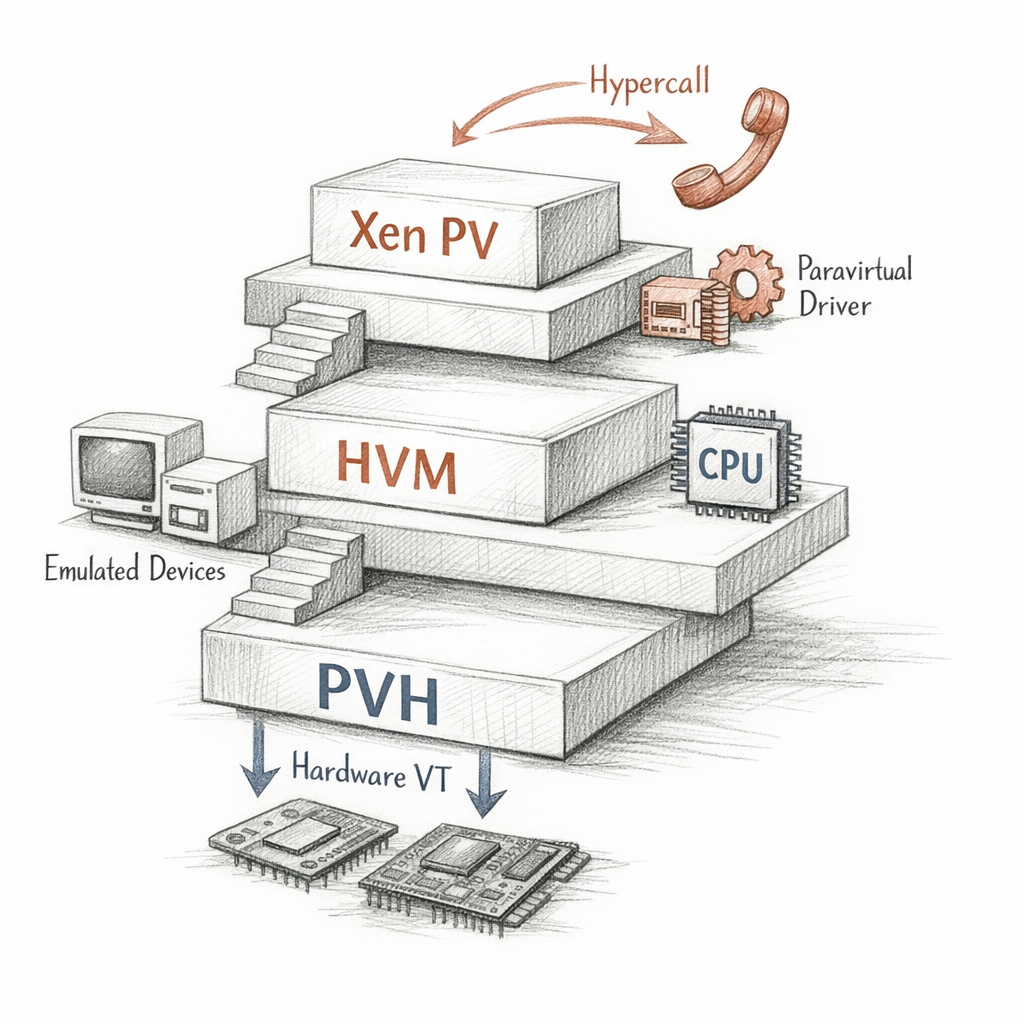 Xen PV, HVM, and PVH guest execution modes shown as stacked CPU privilege transitions, hypercalls, emulated devices, paravirtual drivers, and hardware virtualization assists, crisp ixen-light systems artwork.