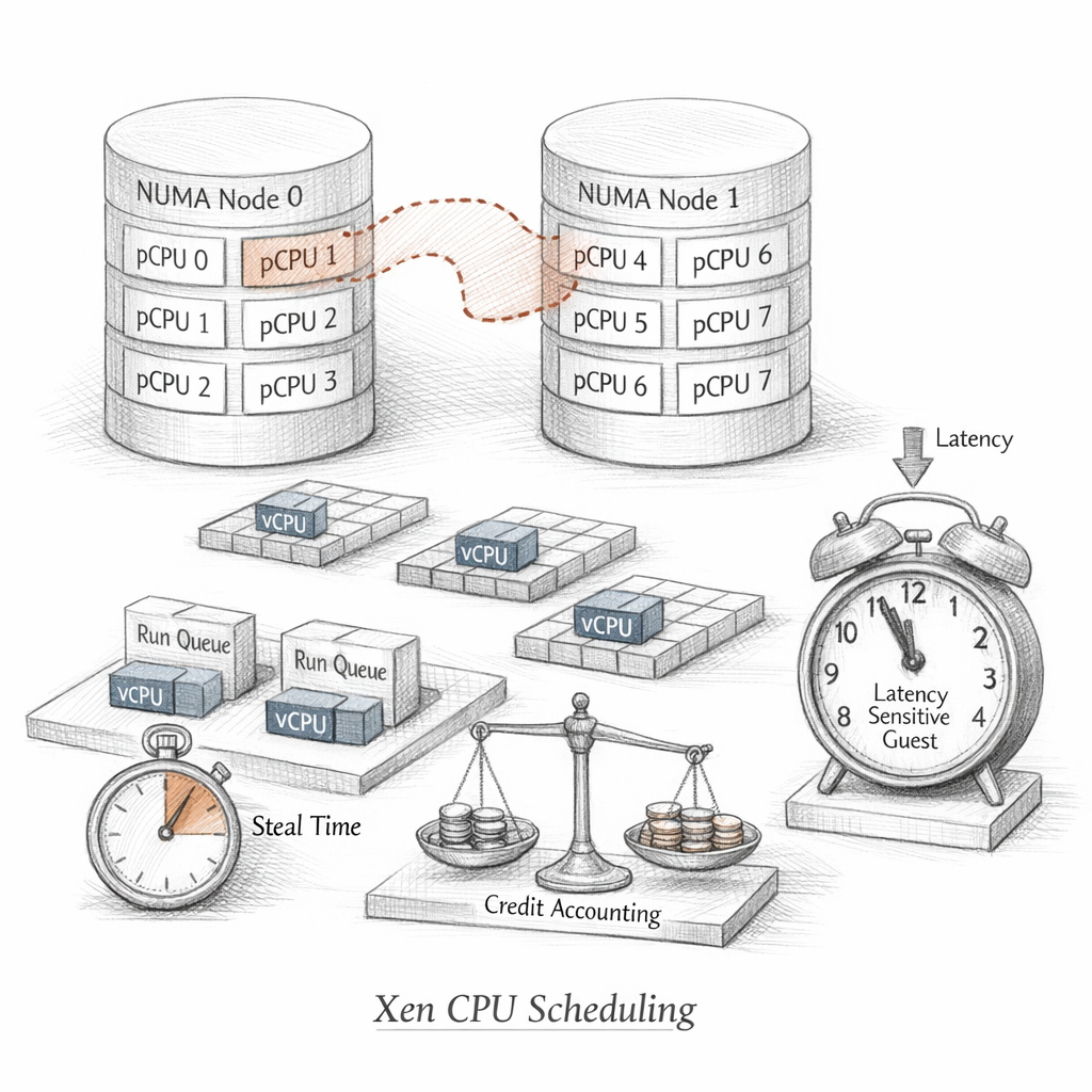 Xen CPU scheduling visualized as pCPUs, vCPUs, run queues, NUMA nodes, affinity masks, credit accounting, steal time, and latency-sensitive guests, precise ixen-light technical diagram.