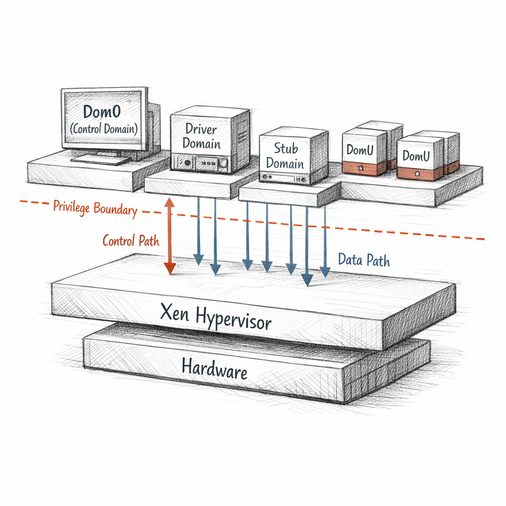 Xen domain architecture rendered as a precise white-paper systems diagram, hypervisor layer below dom0, driver domains, stub domains, and domU guests, privilege boundaries and control paths visible, ixen-light technical illustration.