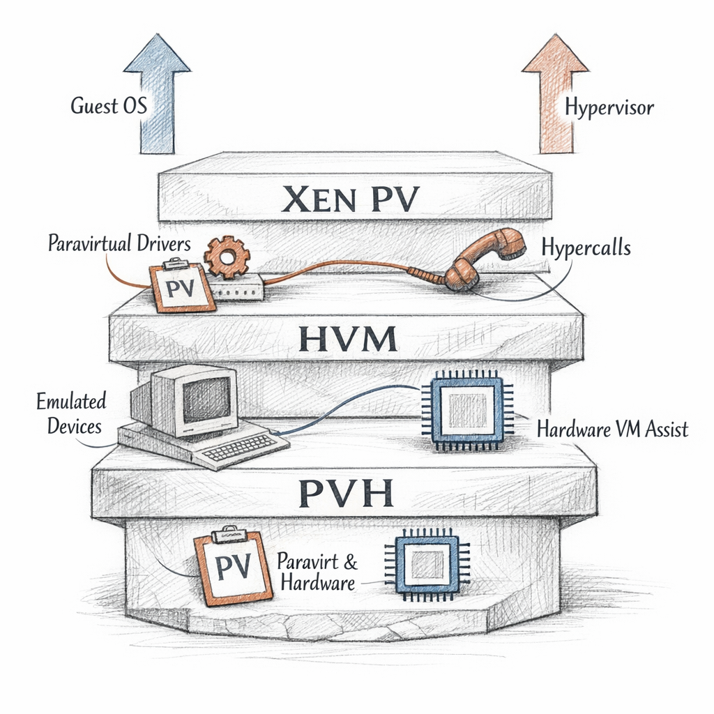 Xen PV, HVM, and PVH guest execution modes shown as stacked CPU privilege transitions, hypercalls, emulated devices, paravirtual drivers, and hardware virtualization assists, crisp ixen-light systems artwork.