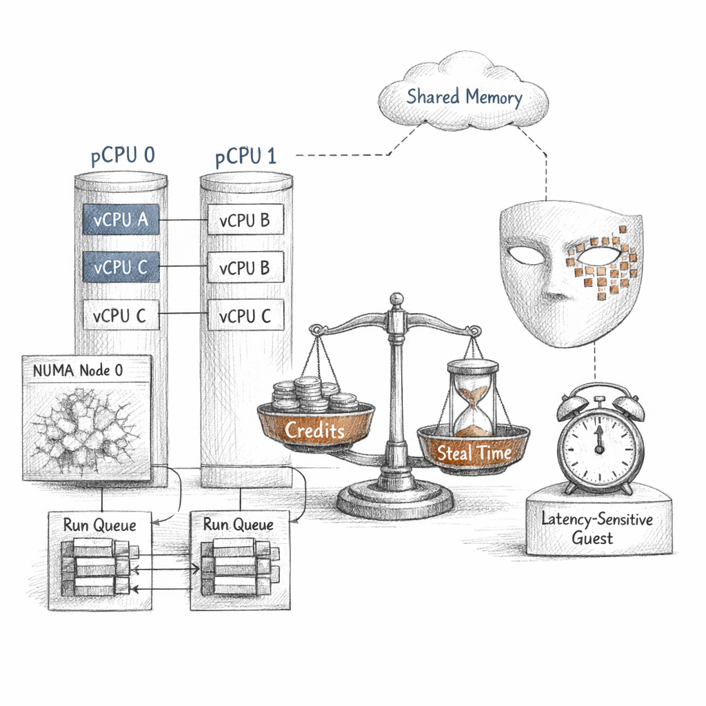 Xen CPU scheduling visualized as pCPUs, vCPUs, run queues, NUMA nodes, affinity masks, credit accounting, steal time, and latency-sensitive guests, precise ixen-light technical diagram.