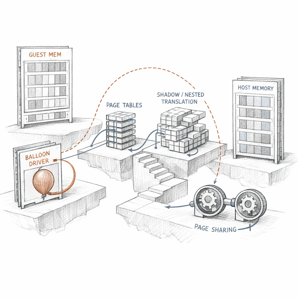 Xen memory management drawn as machine frames, guest physical frames, page tables, shadow or nested translation, balloon drivers, and controlled page sharing paths, ixen-light technical illustration.