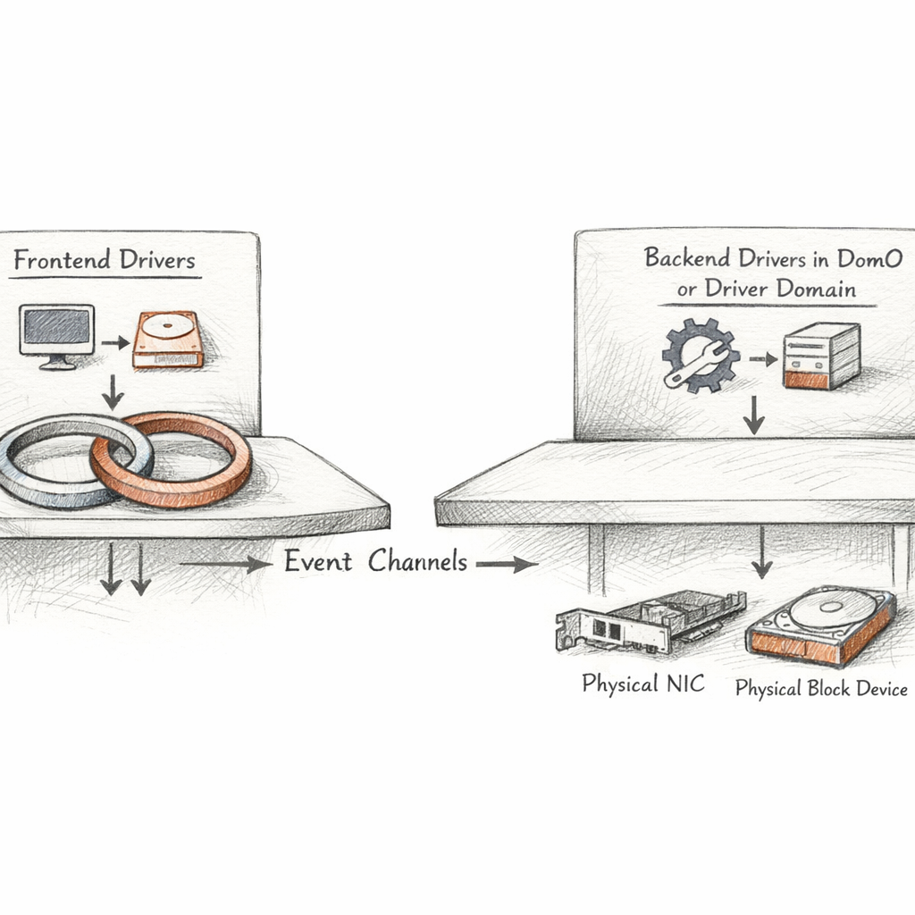 Xen split-driver I/O path shown from frontend drivers through shared rings, event channels, backend drivers in dom0 or a driver domain, and physical NIC and block devices, crisp ixen-light systems art.