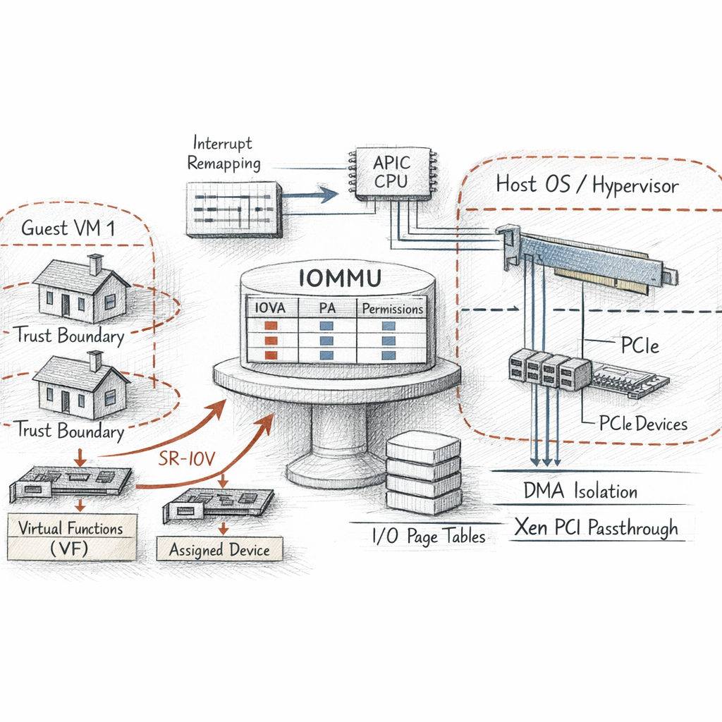 Xen PCI passthrough and DMA isolation rendered with IOMMU tables, interrupt remapping, SR-IOV virtual functions, assigned devices, and trust boundaries around guests, precise ixen-light diagram.