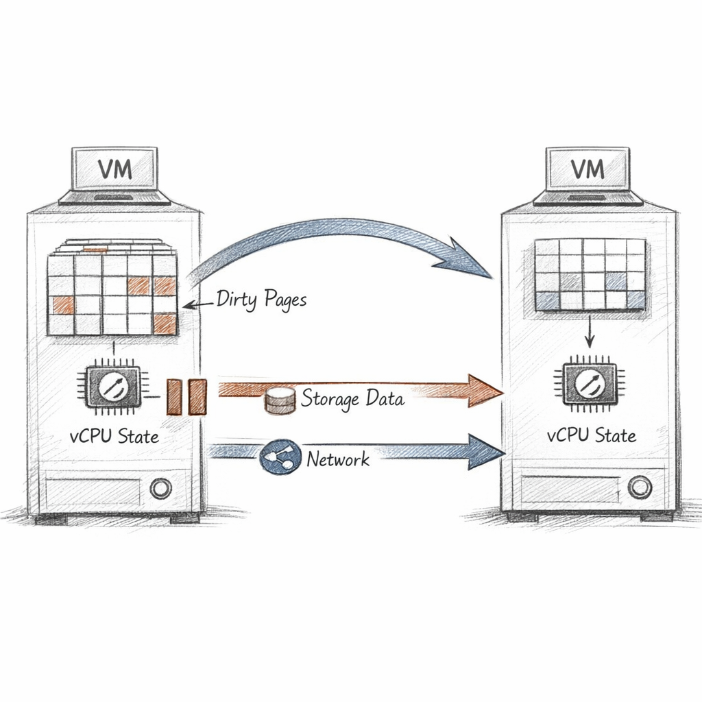 Xen live migration as a staged state-transfer diagram, guest memory pages copied and dirtied, vCPU state paused briefly, storage and network identity preserved across hosts, ixen-light technical artwork.