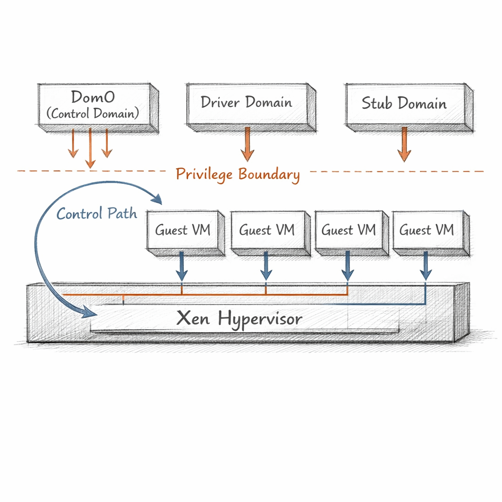 Xen domain architecture rendered as a precise white-paper systems diagram, hypervisor layer below dom0, driver domains, stub domains, and domU guests, privilege boundaries and control paths visible, ixen-light technical illustration.