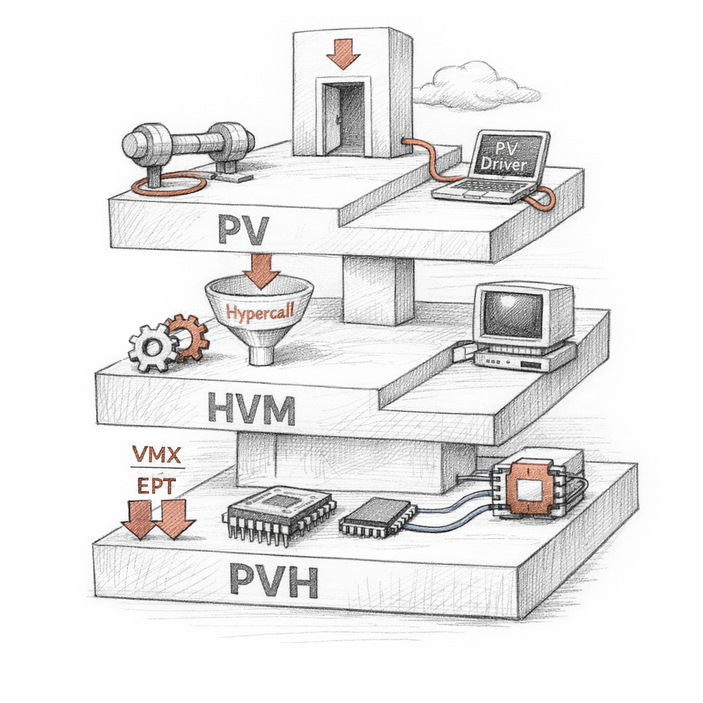 Xen PV, HVM, and PVH guest execution modes shown as stacked CPU privilege transitions, hypercalls, emulated devices, paravirtual drivers, and hardware virtualization assists, crisp ixen-light systems artwork.
