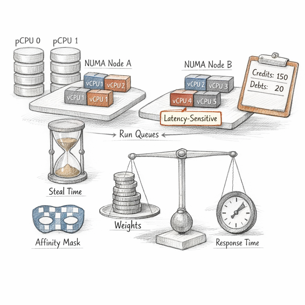 Xen CPU scheduling visualized as pCPUs, vCPUs, run queues, NUMA nodes, affinity masks, credit accounting, steal time, and latency-sensitive guests, precise ixen-light technical diagram.