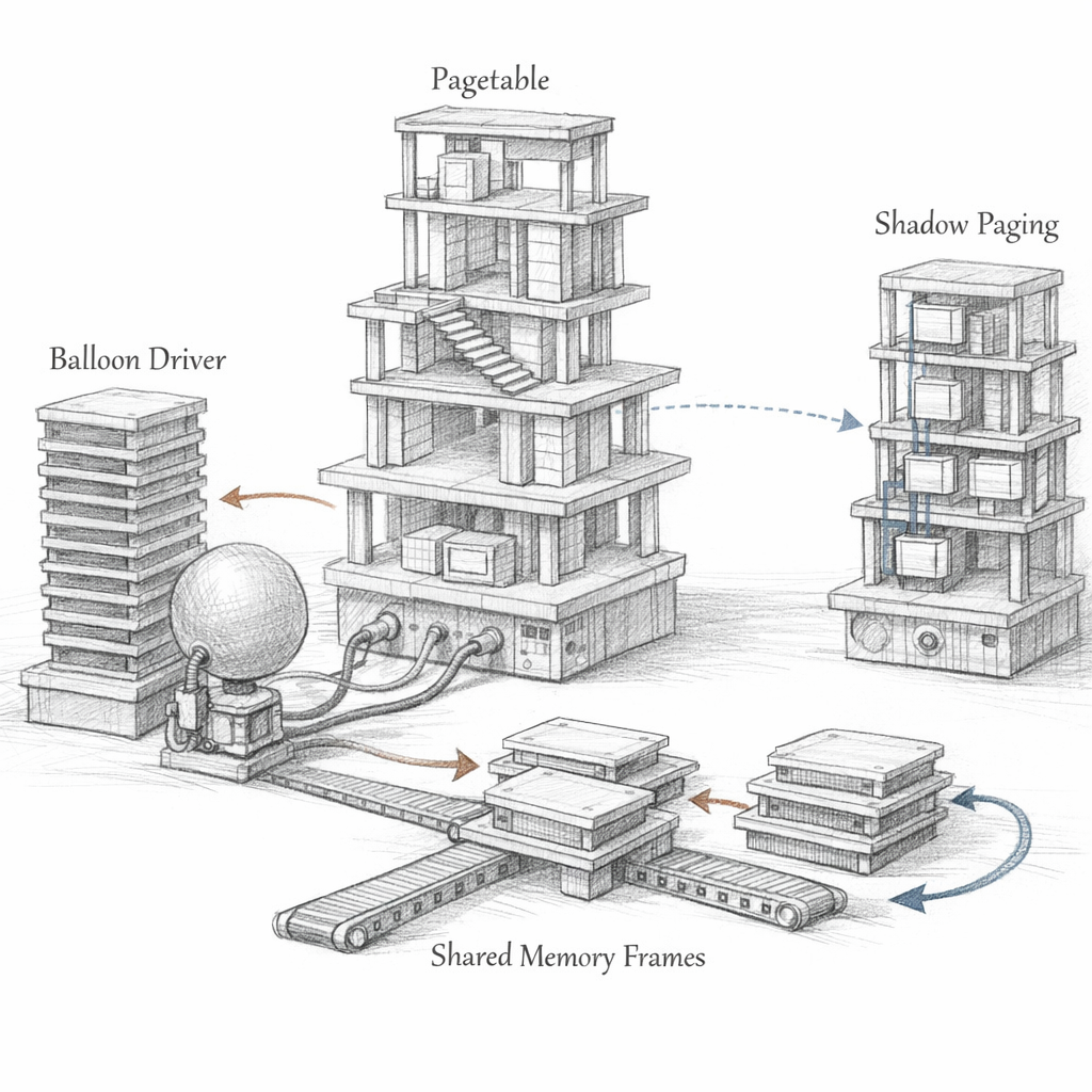 Xen memory management drawn as machine frames, guest physical frames, page tables, shadow or nested translation, balloon drivers, and controlled page sharing paths, ixen-light technical illustration.