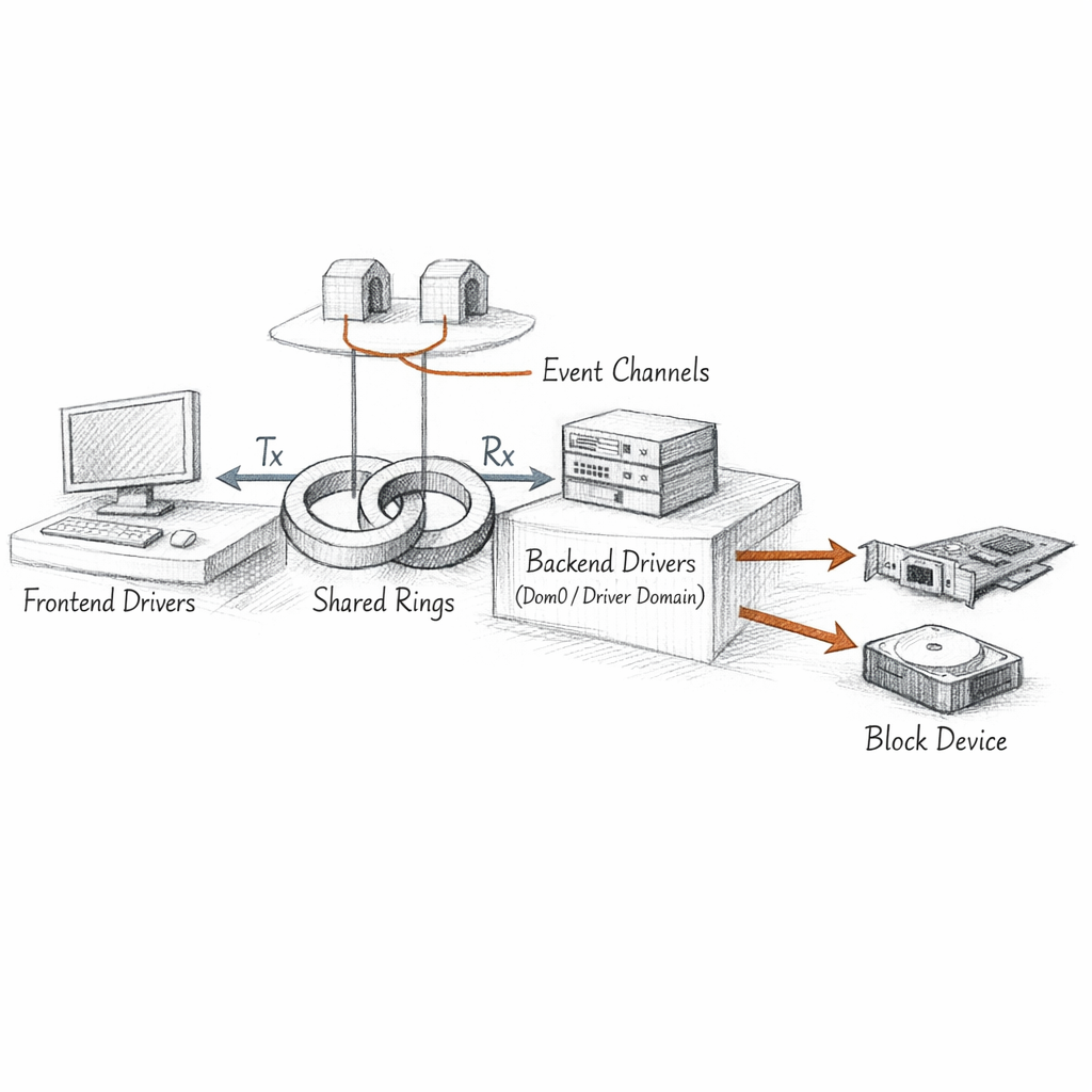 Xen split-driver I/O path shown from frontend drivers through shared rings, event channels, backend drivers in dom0 or a driver domain, and physical NIC and block devices, crisp ixen-light systems art.