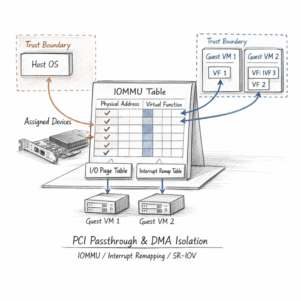 Xen PCI passthrough and DMA isolation rendered with IOMMU tables, interrupt remapping, SR-IOV virtual functions, assigned devices, and trust boundaries around guests, precise ixen-light diagram.