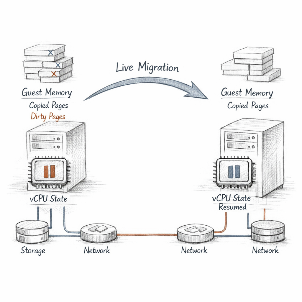 Xen live migration as a staged state-transfer diagram, guest memory pages copied and dirtied, vCPU state paused briefly, storage and network identity preserved across hosts, ixen-light technical artwork.