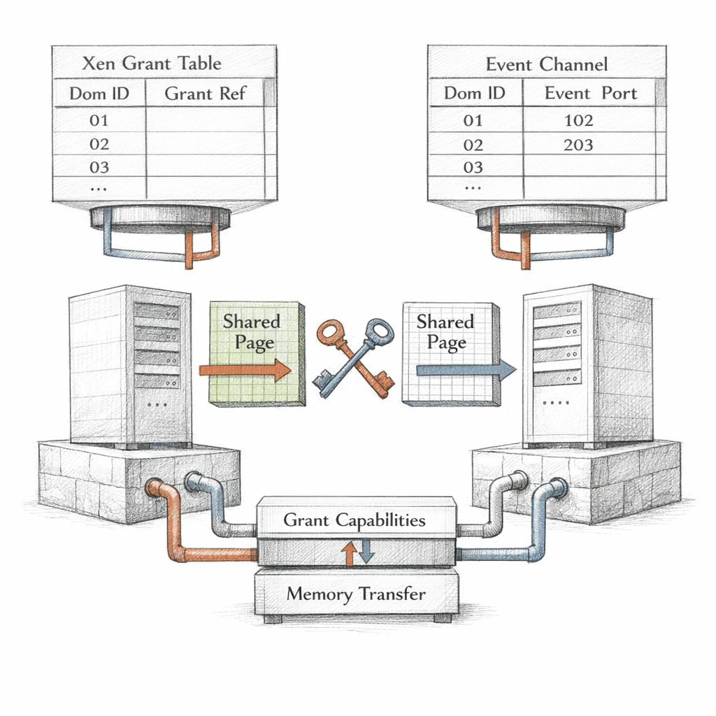 Xen grant tables and event channels rendered as a precise white-paper systems diagram, guest domains exchanging memory pages through explicit capabilities, ixen-light technical illustration.
