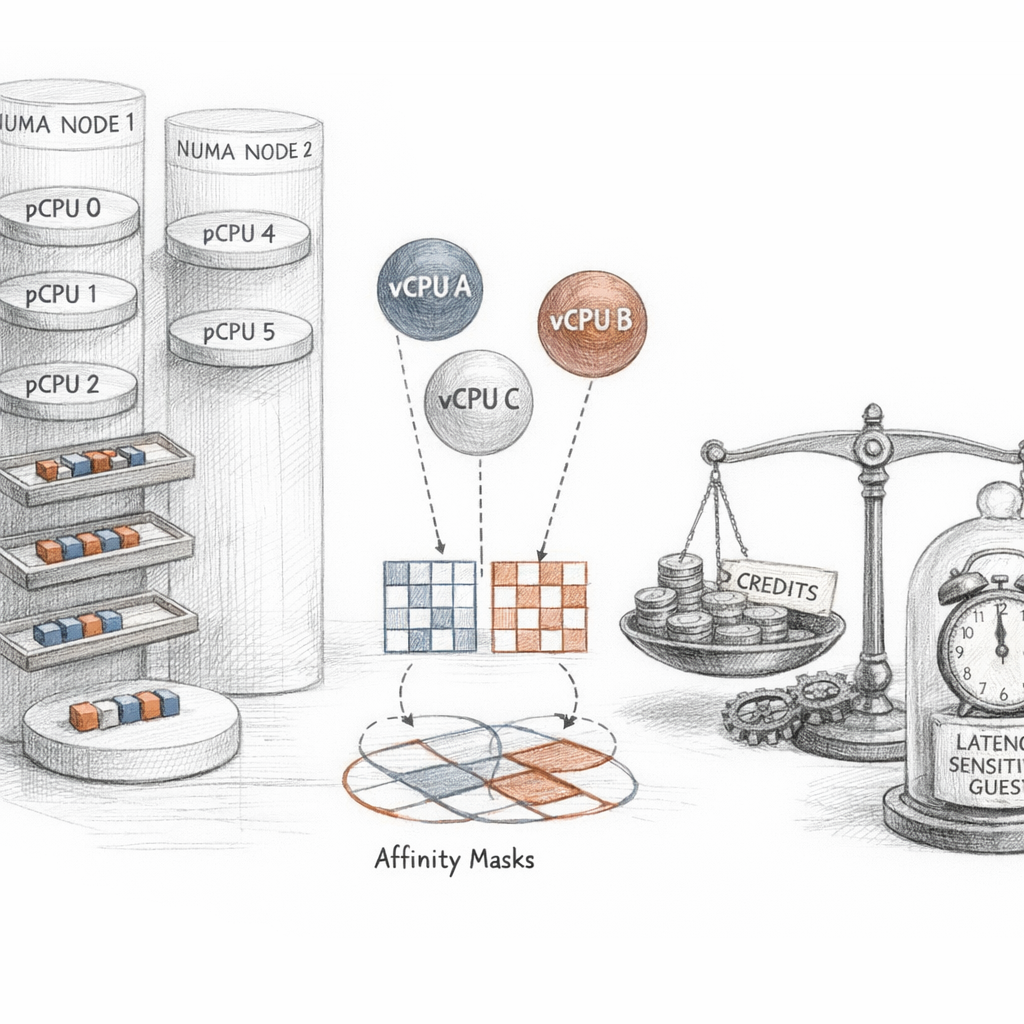 Xen CPU scheduling visualized as pCPUs, vCPUs, run queues, NUMA nodes, affinity masks, credit accounting, steal time, and latency-sensitive guests, precise ixen-light technical diagram.