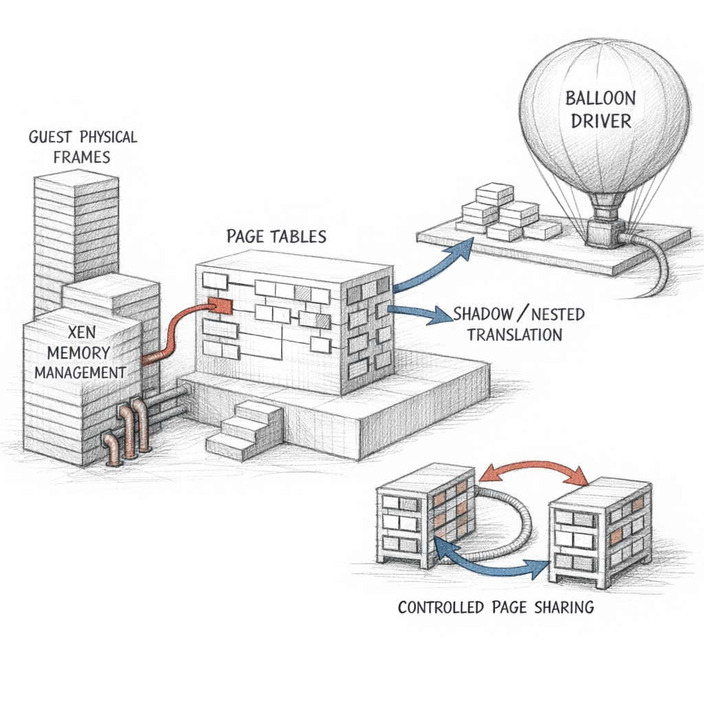 Xen memory management drawn as machine frames, guest physical frames, page tables, shadow or nested translation, balloon drivers, and controlled page sharing paths, ixen-light technical illustration.