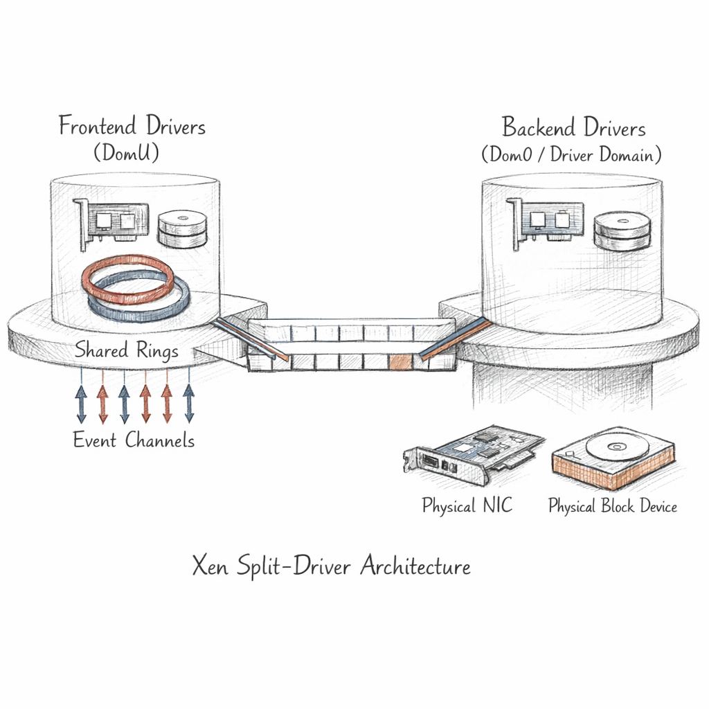 Xen split-driver I/O path shown from frontend drivers through shared rings, event channels, backend drivers in dom0 or a driver domain, and physical NIC and block devices, crisp ixen-light systems art.
