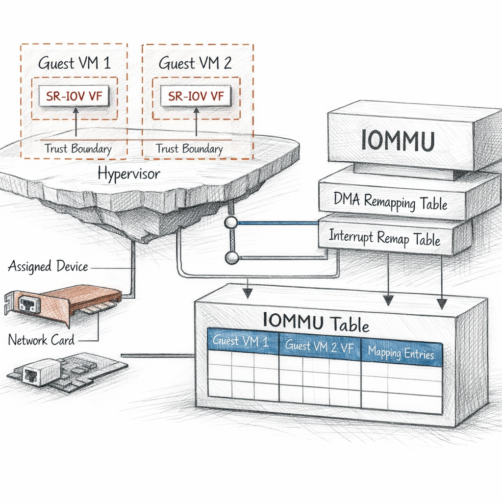 Xen PCI passthrough and DMA isolation rendered with IOMMU tables, interrupt remapping, SR-IOV virtual functions, assigned devices, and trust boundaries around guests, precise ixen-light diagram.