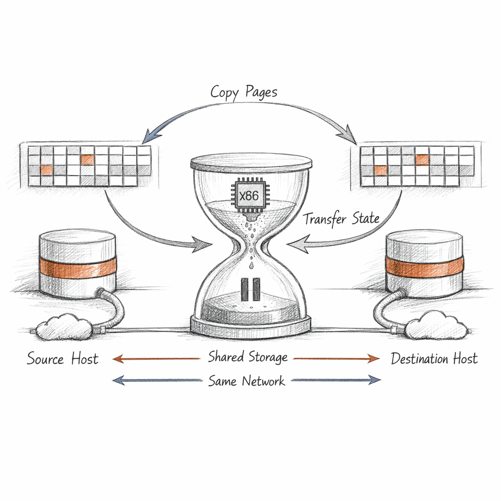 Xen live migration as a staged state-transfer diagram, guest memory pages copied and dirtied, vCPU state paused briefly, storage and network identity preserved across hosts, ixen-light technical artwork.