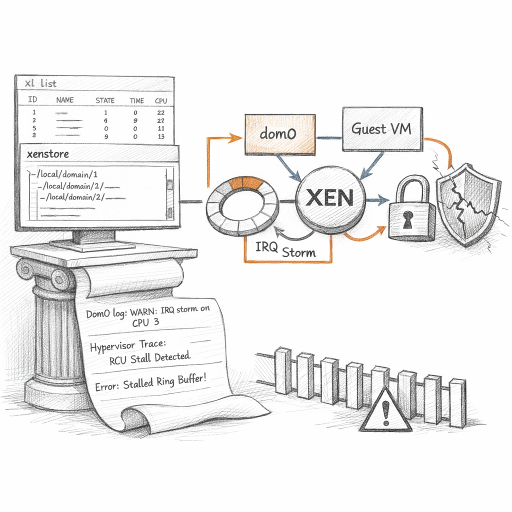 Xen operational diagnostics shown as xl and xenstore views, dom0 logs, hypervisor traces, stalled rings, IRQ storms, noisy guests, and security boundaries under stress, crisp ixen-light systems diagram.